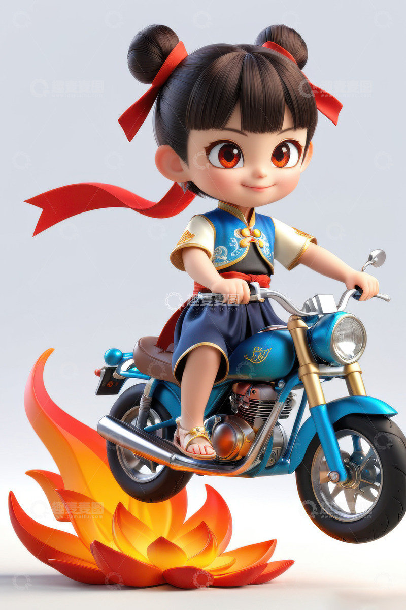 高清大图下载【趣麦麦图】3D卡通骑摩托车的哪吒AI插画海报背景素1