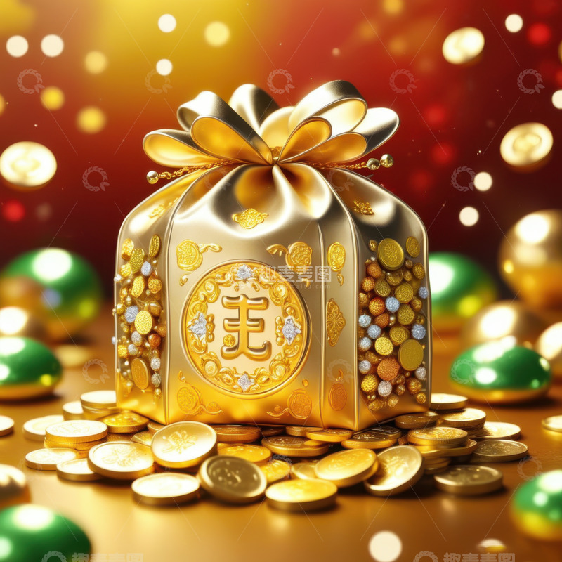 高清大图下载【趣麦麦图】喜庆钱袋钱盒福袋AI插画电商海报背景图片5