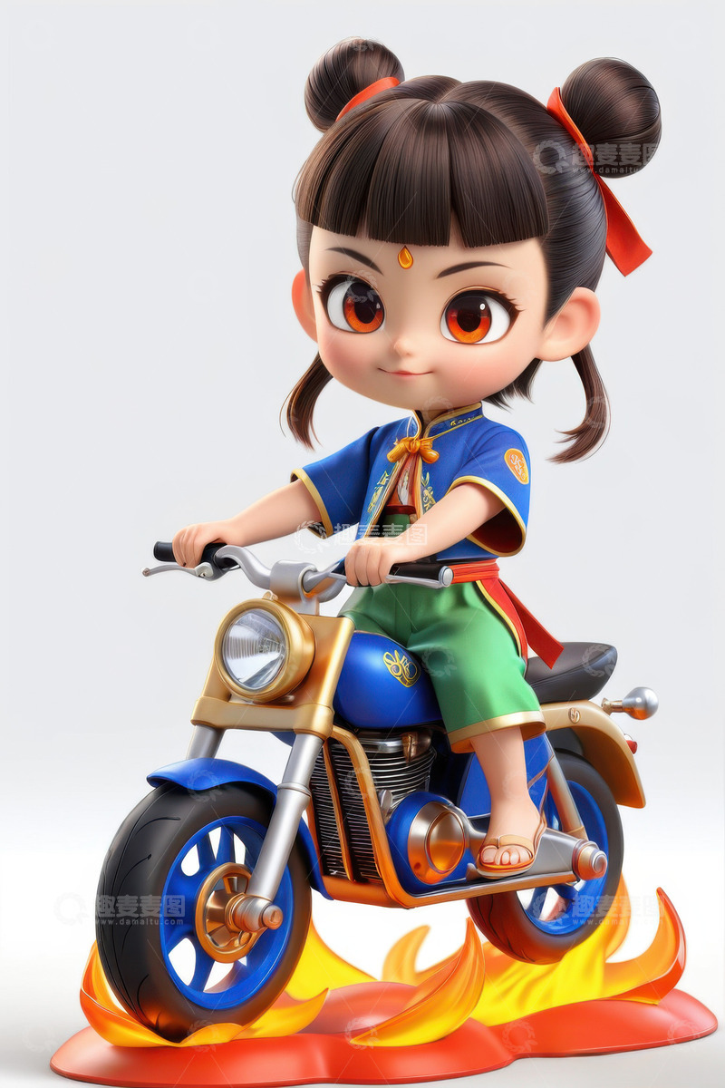 高清大图下载【趣麦麦图】3D卡通骑摩托车的哪吒AI插画海报背景素4