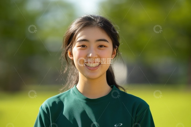 高清大图下载【趣麦麦图】户外草坪上微笑的一位少女