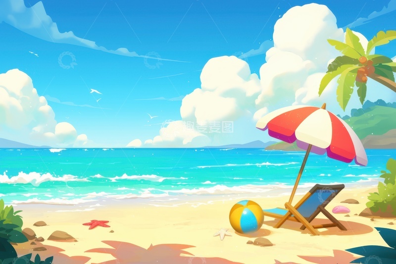高清大图下载【趣麦麦图】夏季卡通风格海滩插画