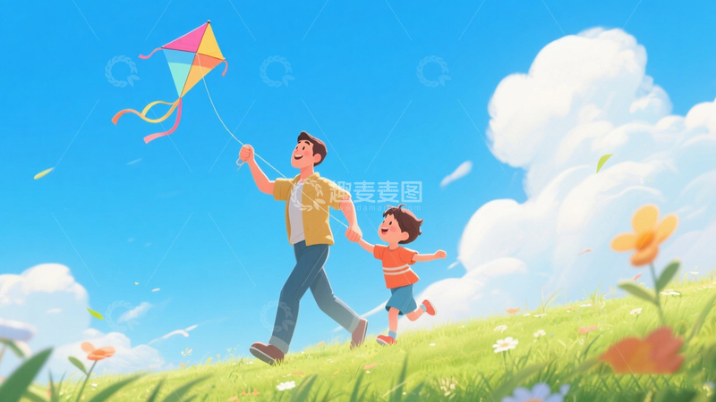 高清大图下载【趣麦麦图】父亲节亲子放风筝插画