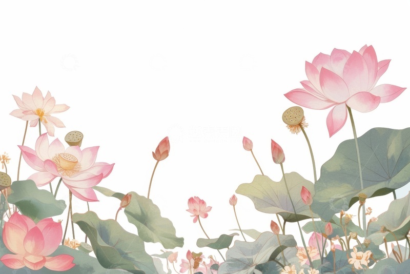 高清大图下载【趣麦麦图】水彩荷花国风插画