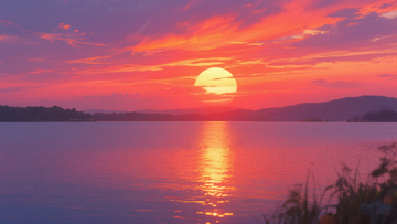 湖泊日落晚霞盛景