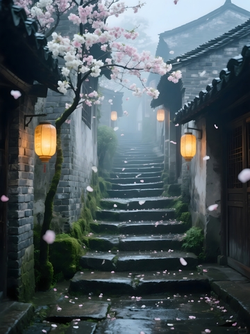 古巷花雨的诗意氛围