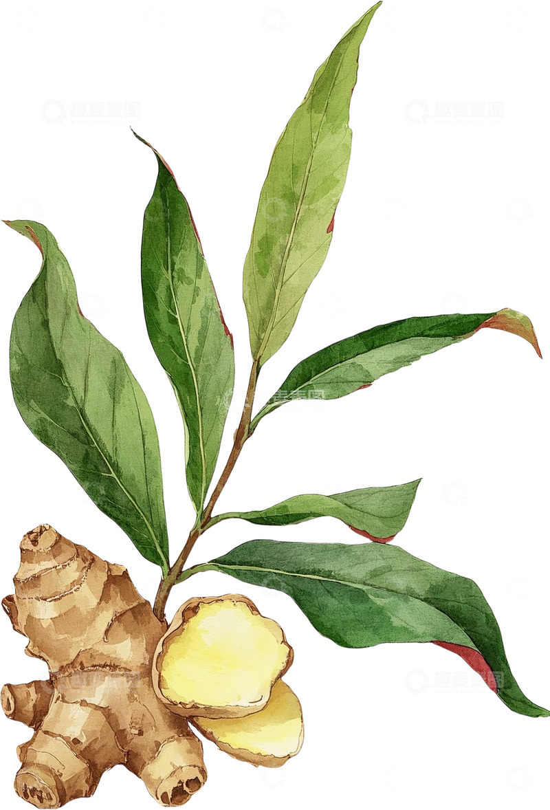 高清大图下载【趣麦麦图】水彩插画带有一些叶子的生姜3