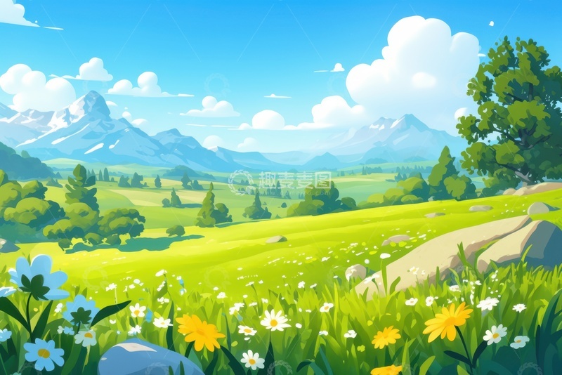 高清大图下载【趣麦麦图】卡通简约田园风景插画