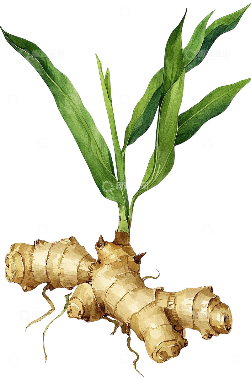 高清大图下载【趣麦麦图】水彩插画带有一些叶子的生姜1