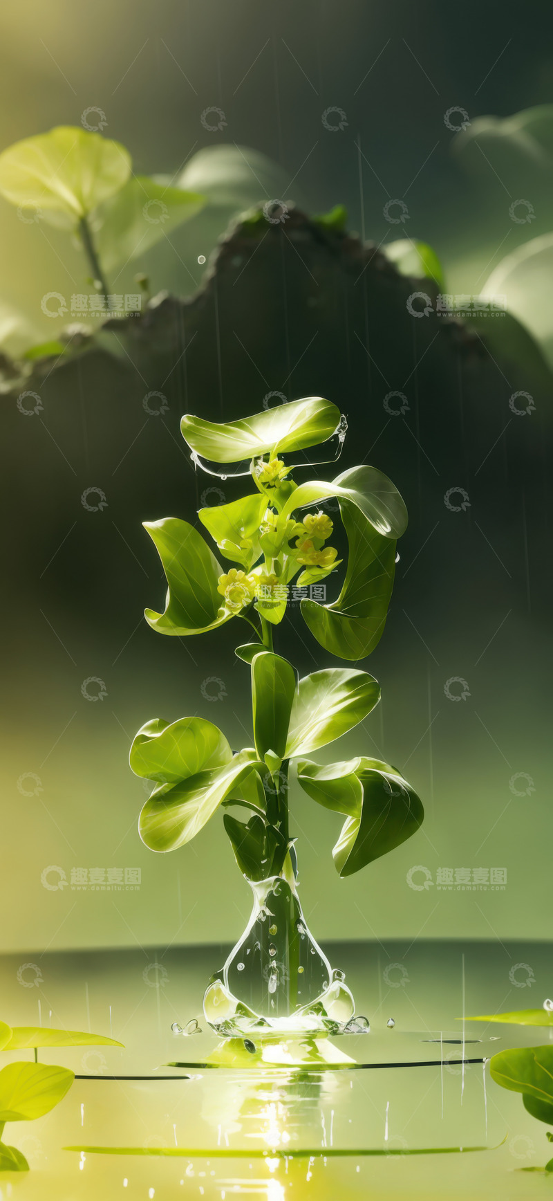 绿色清明节雨水植物字AI插画海报背景素材1