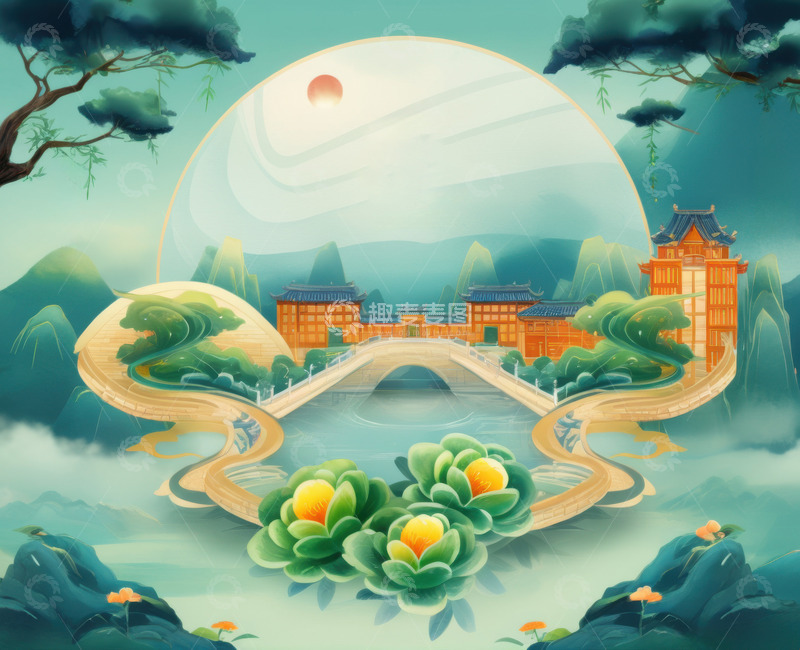 高清大图下载【趣麦麦图】绿色清明节水墨画AI插画海报背景素材1