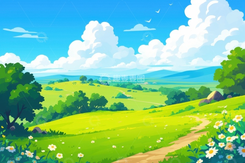 高清大图下载【趣麦麦图】夏季卡通草地田野背景