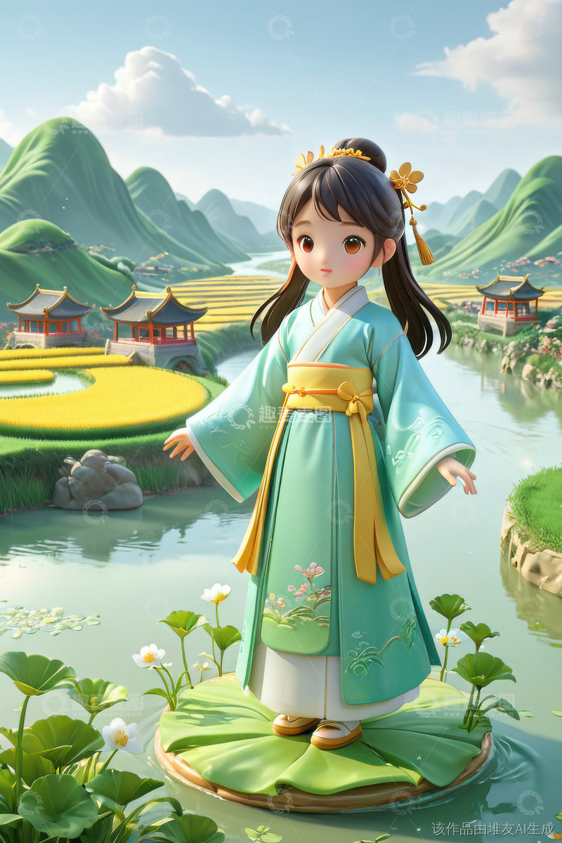 高清大图下载【趣麦麦图】清明节3D女孩IP形像AI插画海报背景素3