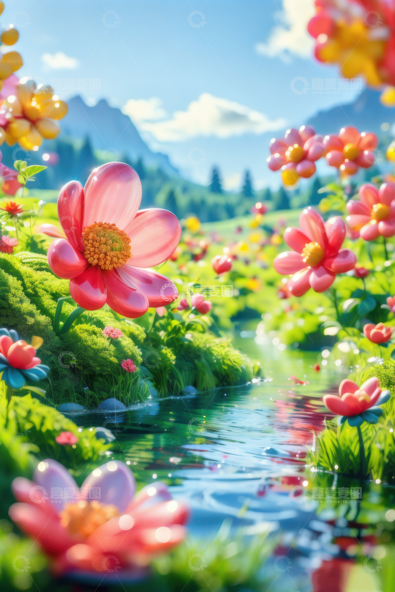 高清大图下载【趣麦麦图】春天清明节彩色气球花朵花园AI插画海报背1