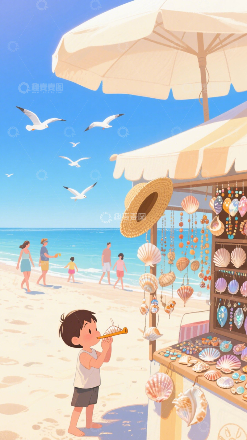 高清大图下载【趣麦麦图】海滨贝壳摊的童趣3