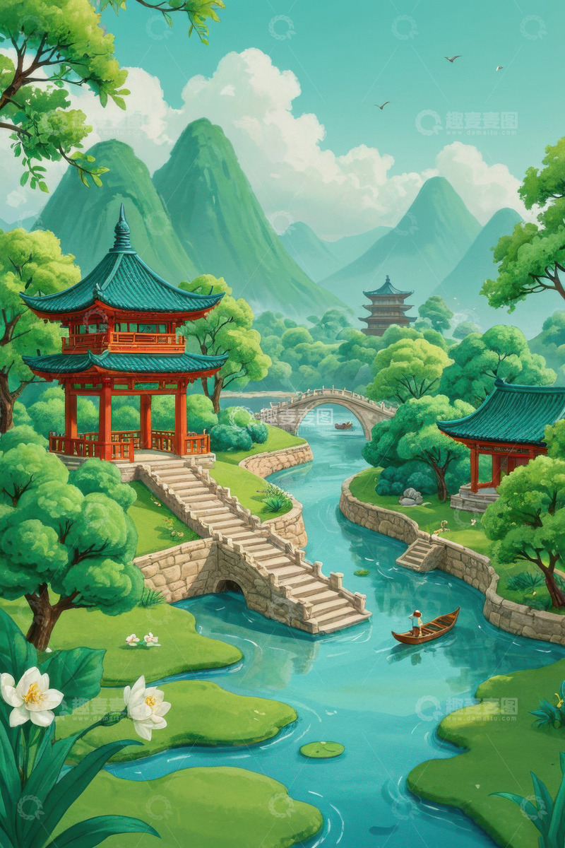 高清大图下载【趣麦麦图】清明节亭子户外建筑AI插画海报背景素材1