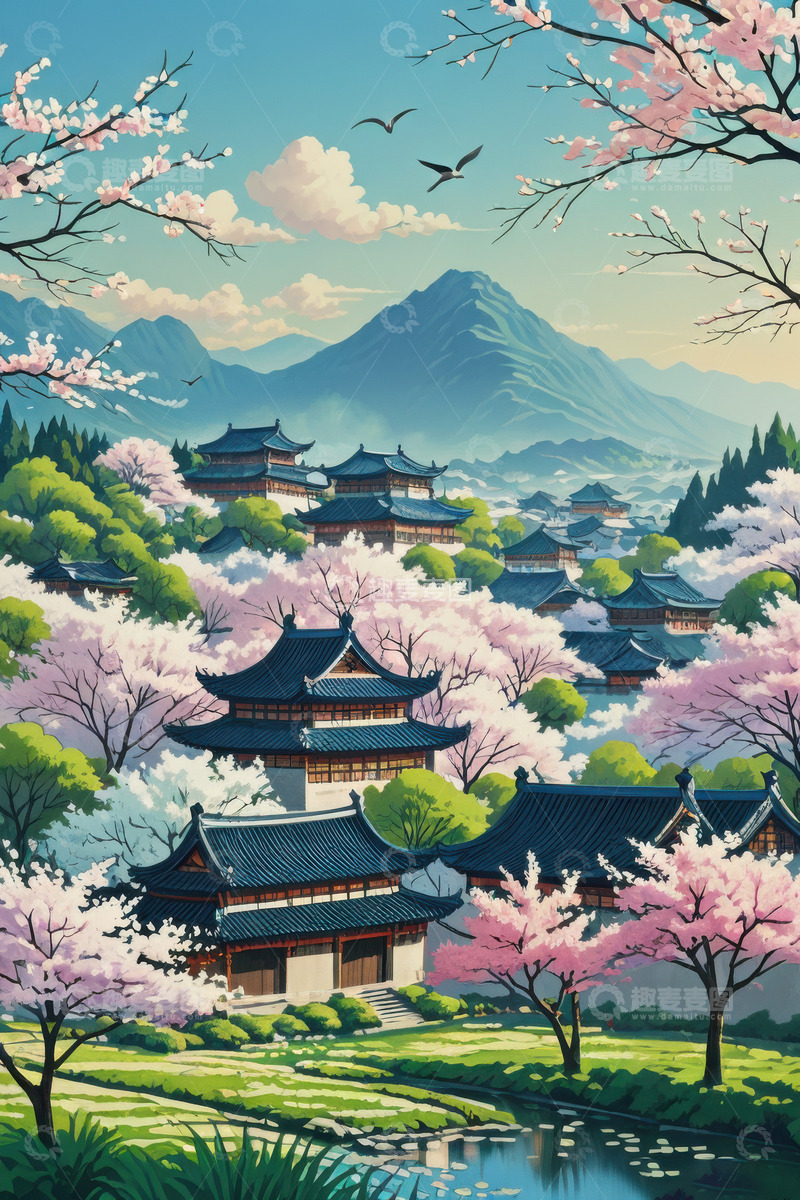 高清大图下载【趣麦麦图】清明节亭子户外建筑AI插画海报背景素材2