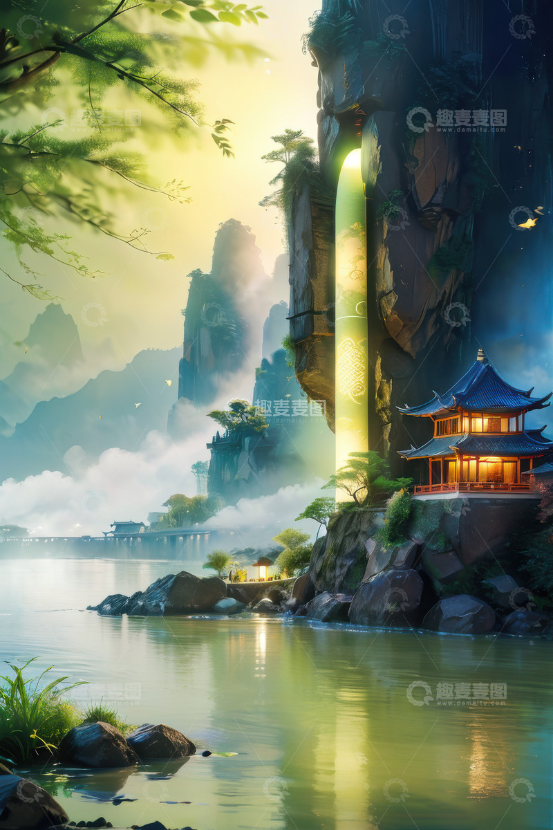 高清大图下载【趣麦麦图】清明节水墨山水画AI插画海报背景素材1