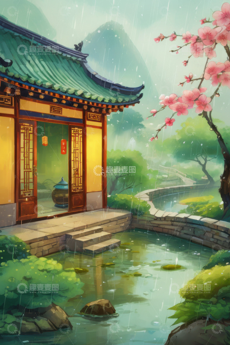 高清大图下载【趣麦麦图】绿色春天清明节雨天AI插画海报背景素材1