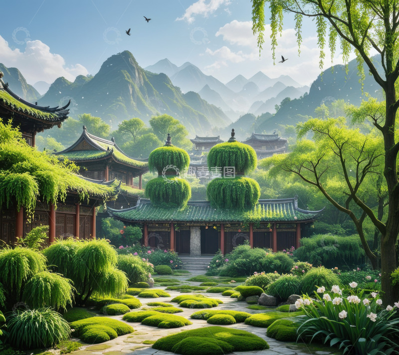 高清大图下载【趣麦麦图】清明节亭子户外建筑AI插画海报背景素材3