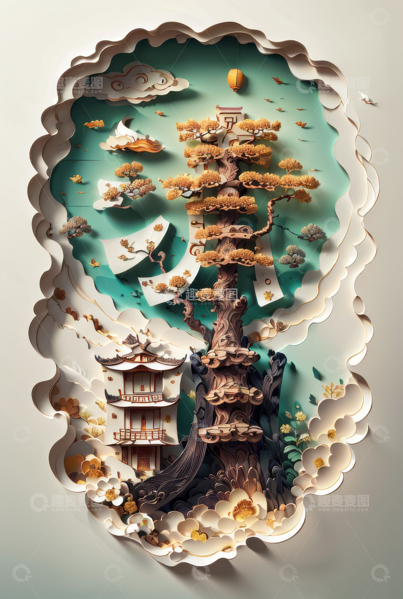 清明节建筑镂空特效字AI插画海报背景素材1