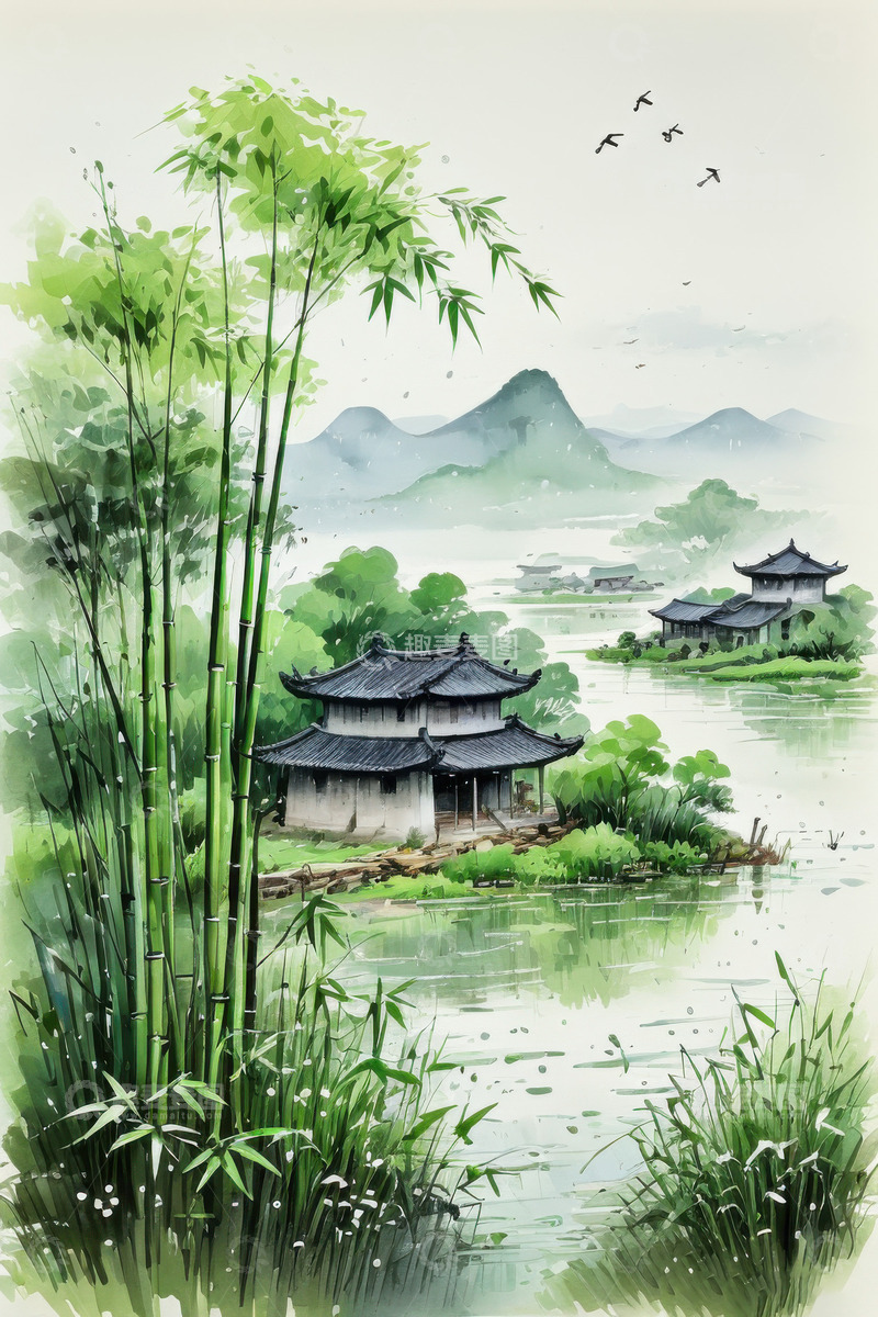 高清大图下载【趣麦麦图】绿色清明节农家院落AI插画海报背景素材2