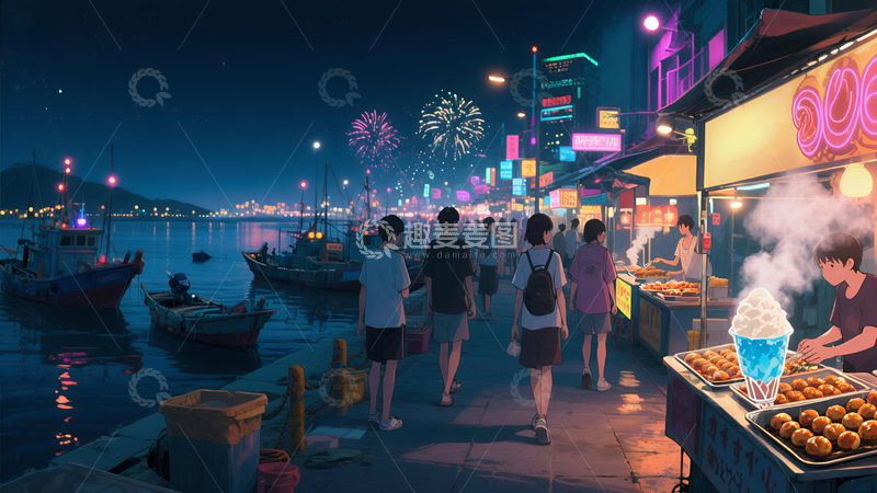 高清大图下载【趣麦麦图】海滨夜市烟火气息