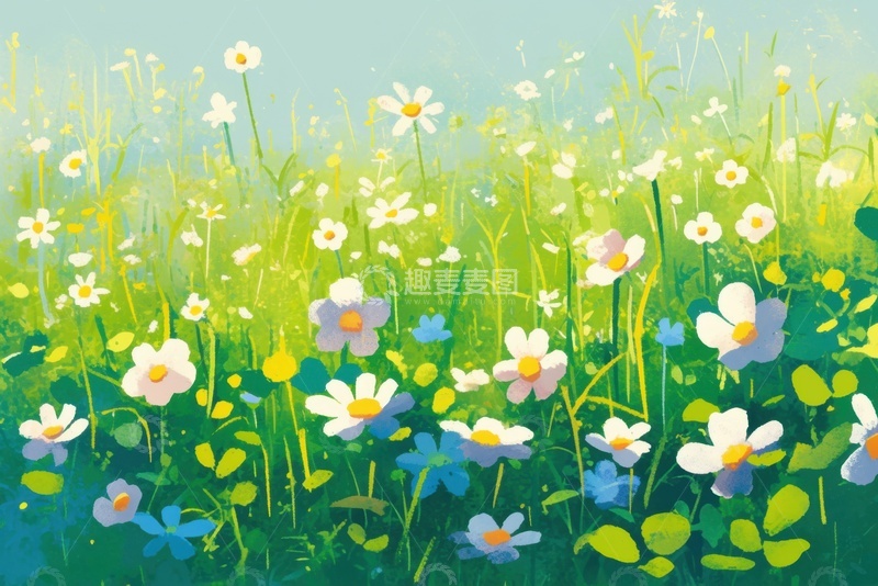 高清大图下载【趣麦麦图】卡通水彩夏季花丛背景