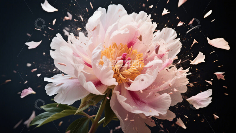 高清大图下载【趣麦麦图】粉色牡丹花瓣飞散黑色背景唯美抽象1