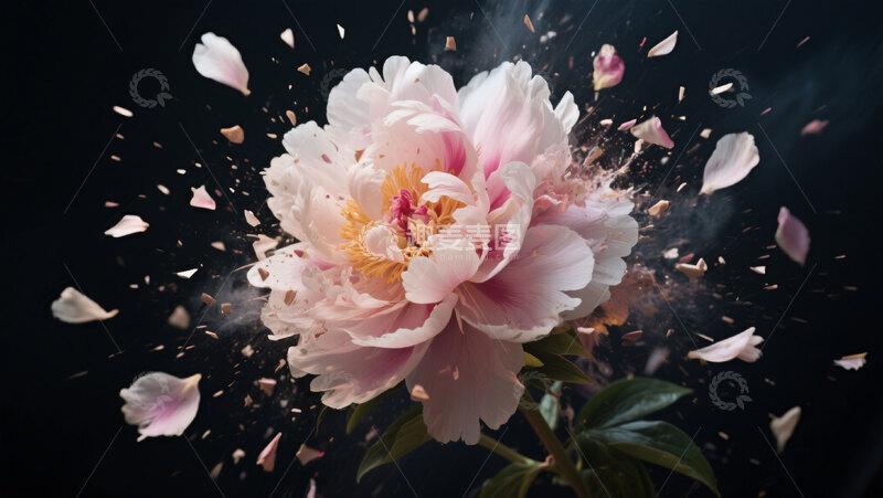 高清大图下载【趣麦麦图】粉色牡丹花瓣飞散黑色背景唯美抽象2