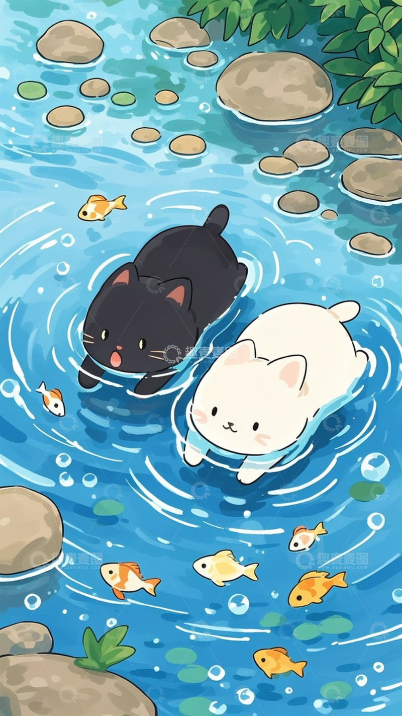 高清大图下载【趣麦麦图】夏日小猫戏水卡通壁纸2