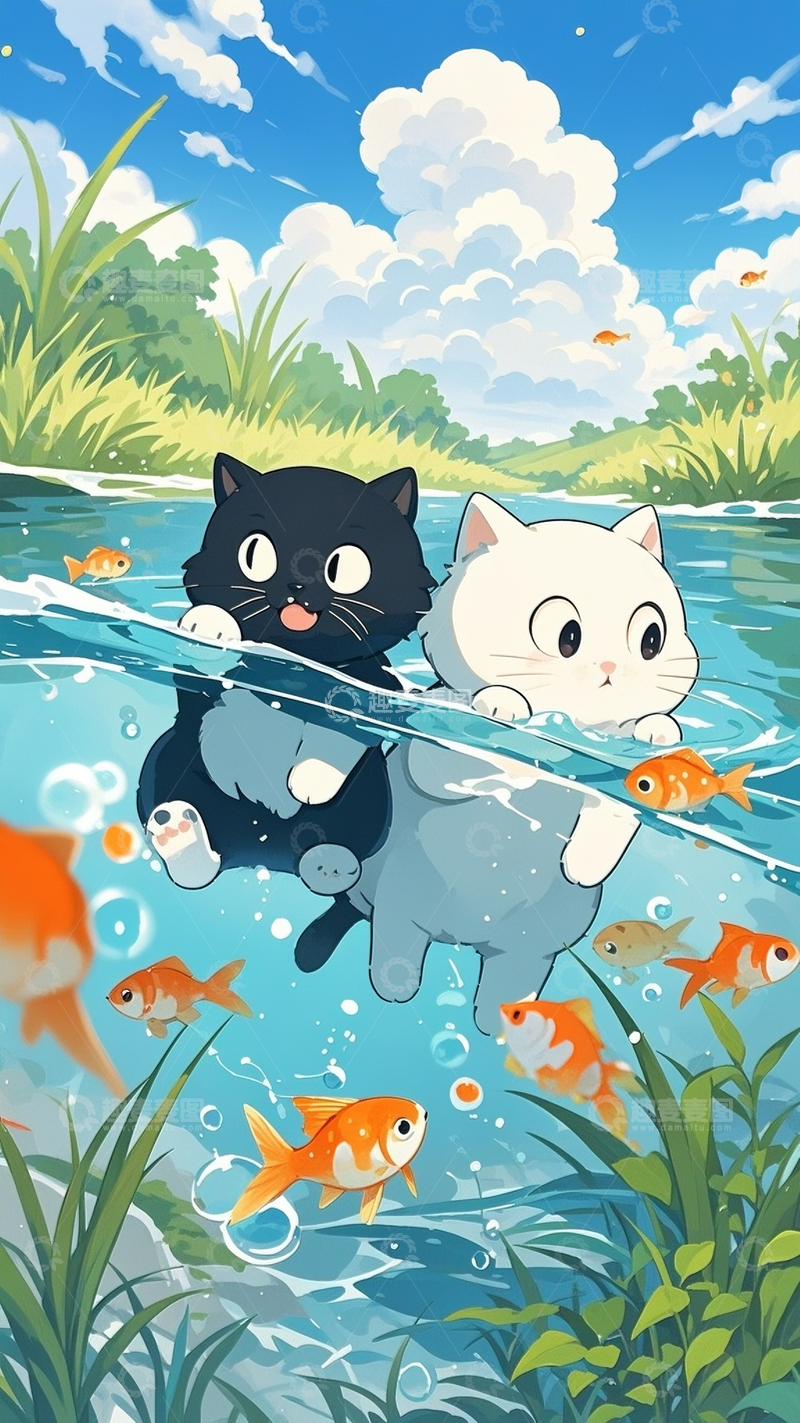 高清大图下载【趣麦麦图】夏日小猫戏水卡通壁纸3