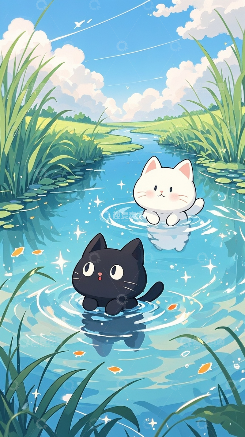 高清大图下载【趣麦麦图】夏日小猫戏水卡通壁纸1