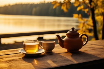 湖边放置的茶壶茶具