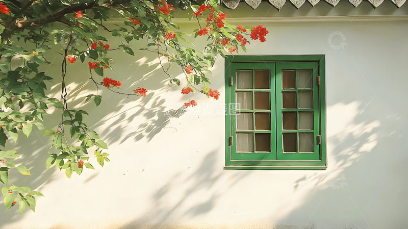 高清大图下载【趣麦麦图】绿色窗子与红花