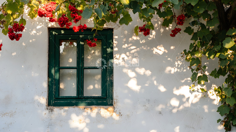 高清大图下载【趣麦麦图】绿色窗子与红花1
