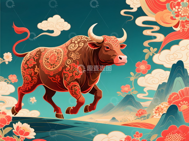 高清大图下载【趣麦麦图】国潮风格绘就奔腾公牛结合山水云纹传统文化