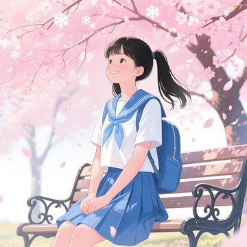 校园樱花女孩身着校服的少女静坐樱花树下