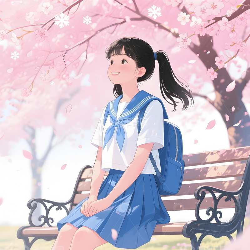 高清大图下载【趣麦麦图】校园樱花女孩身着校服的少女静坐樱花树下