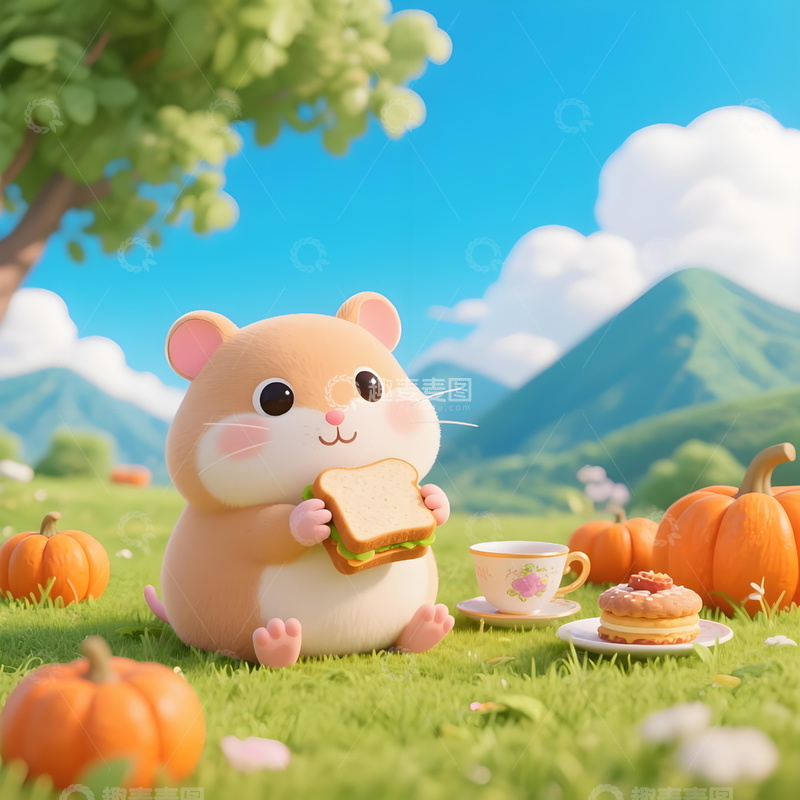 田园萌鼠惬意可爱仓鼠在田园风光中享用美食