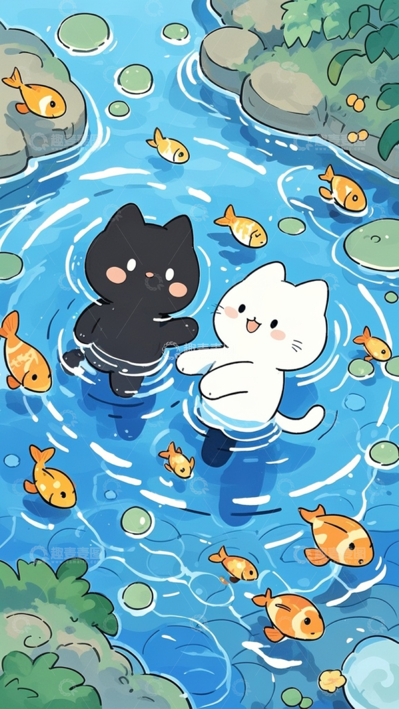 高清大图下载【趣麦麦图】夏日小猫戏水卡通壁纸5