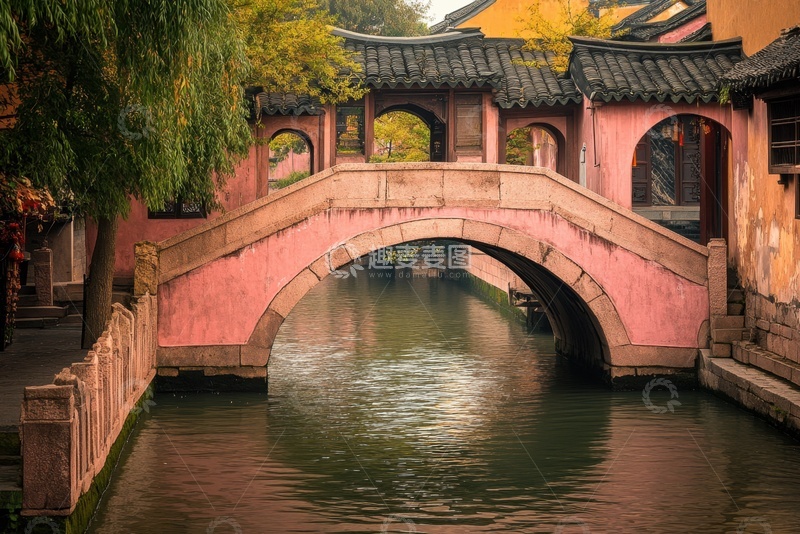 高清大图下载【趣麦麦图】中式古建粉色石拱桥