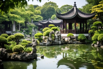 中式园林凉亭湖面