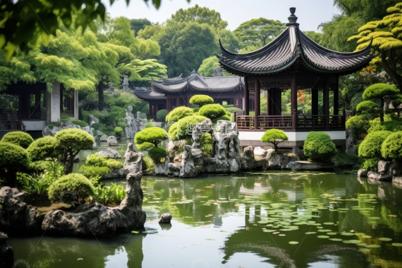 高清大图下载【趣麦麦图】中式园林凉亭湖面