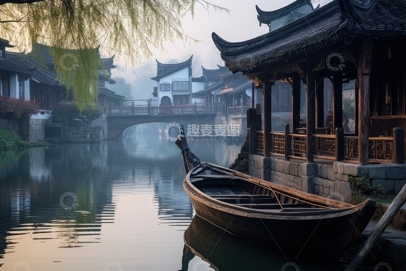 高清大图下载【趣麦麦图】江南水乡河道上的乌篷船