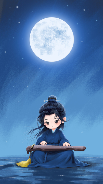 手绘插画古风月光下弹琴男子手机壁纸