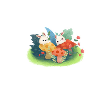 绿色手绘卡通春天夏天的兔子
