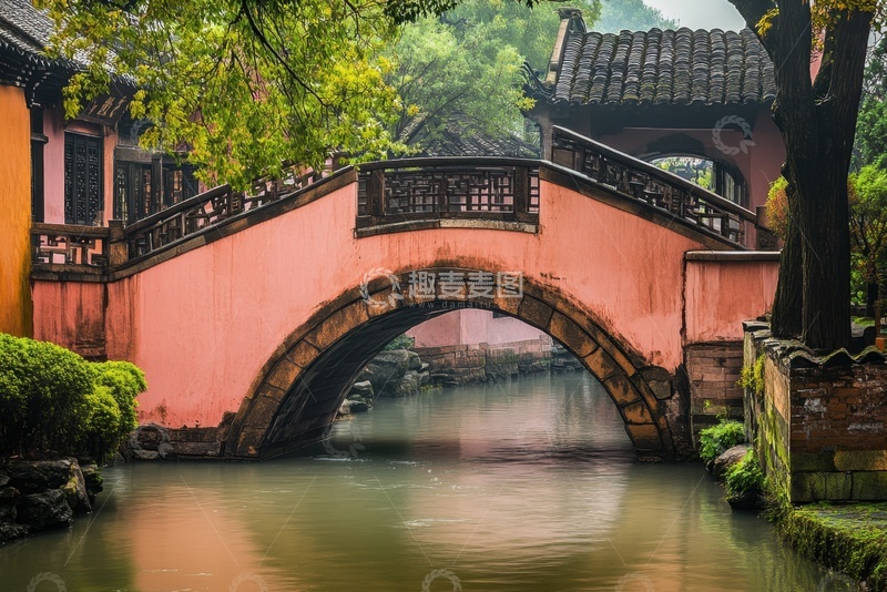 高清大图下载【趣麦麦图】江南水乡粉色石拱桥
