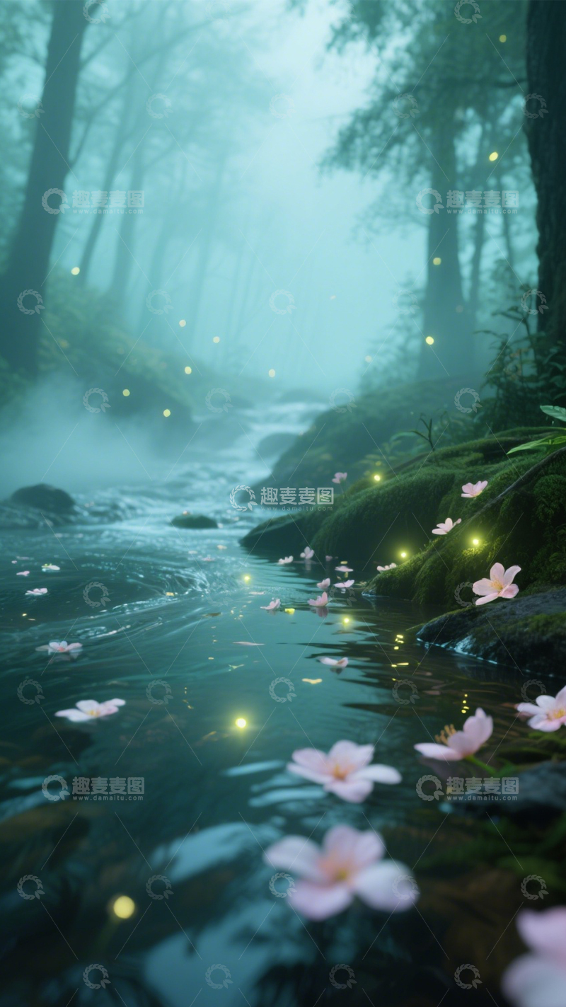 高清大图下载【趣麦麦图】萤火森林溪流景2