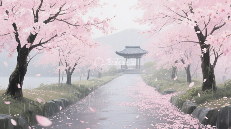 高清大图下载【趣麦麦图】粉樱落雨春之景4