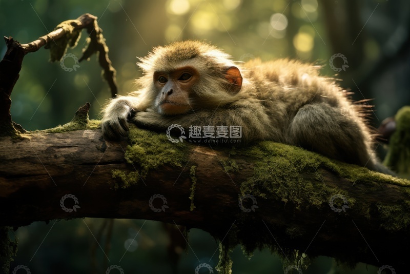 高清大图下载【趣麦麦图】趴在树干上的一只猕猴